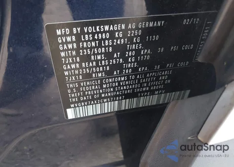 2012 Volkswagen Tiguan Se from USA, damaged, VIN WVGBV7AX2CW571887
